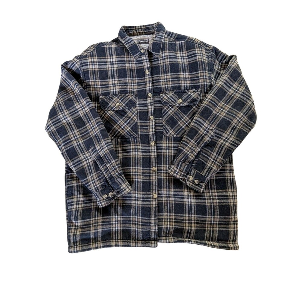 David Taylor Shacket Yellow Navy Plaid Flannel Cabincore Lumberjack L-XL